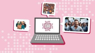 An illustration of a laptop display various images on a pink background