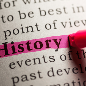 The dictionary entry for 'history' highlighted in pink, representing History National Curriculum