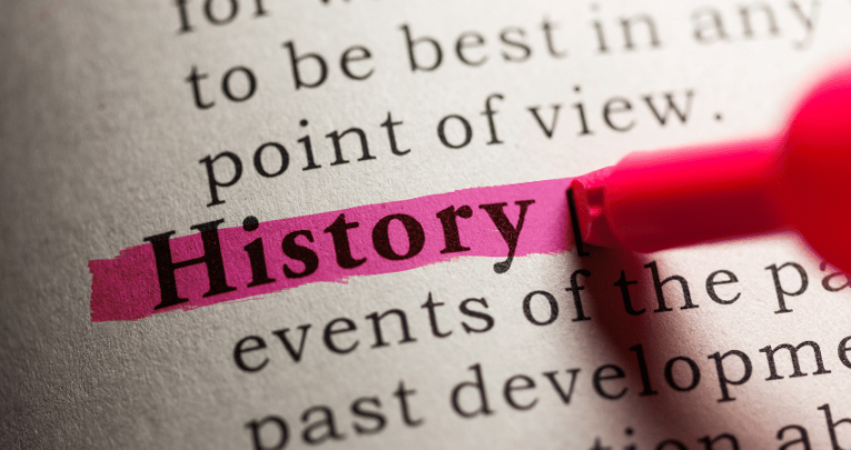 The dictionary entry for 'history' highlighted in pink, representing History National Curriculum