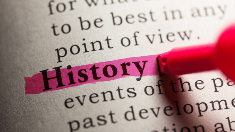 The dictionary entry for 'history' highlighted in pink, representing History National Curriculum