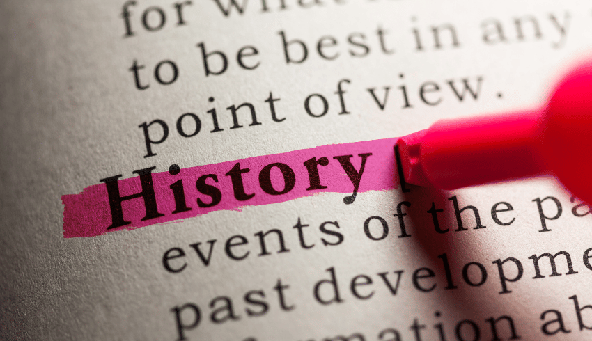 The dictionary entry for 'history' highlighted in pink, representing History National Curriculum